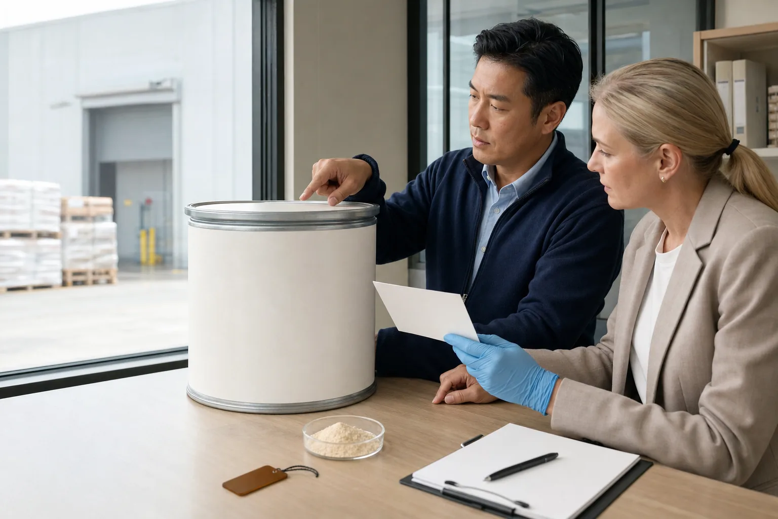 European phosphatidylserine TSE/BSE statement review with a sealed 25 kilogram drum, soy and sunflower source trays, blank animal-origin declaration cards, and QA reviewers in a daylight technical office