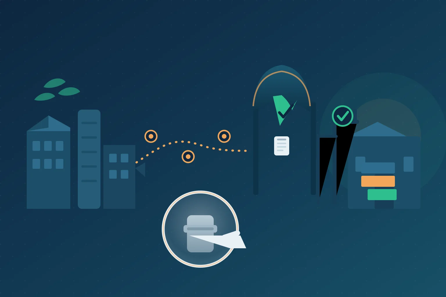 Flat-illustration UFLPA supply-chain checkpoint for U.S. importers: factory cluster feeding a traceability route through a compliance gate with shield and checklist to a U.S. port, with a magnifying glass over a sealed ingredient drum