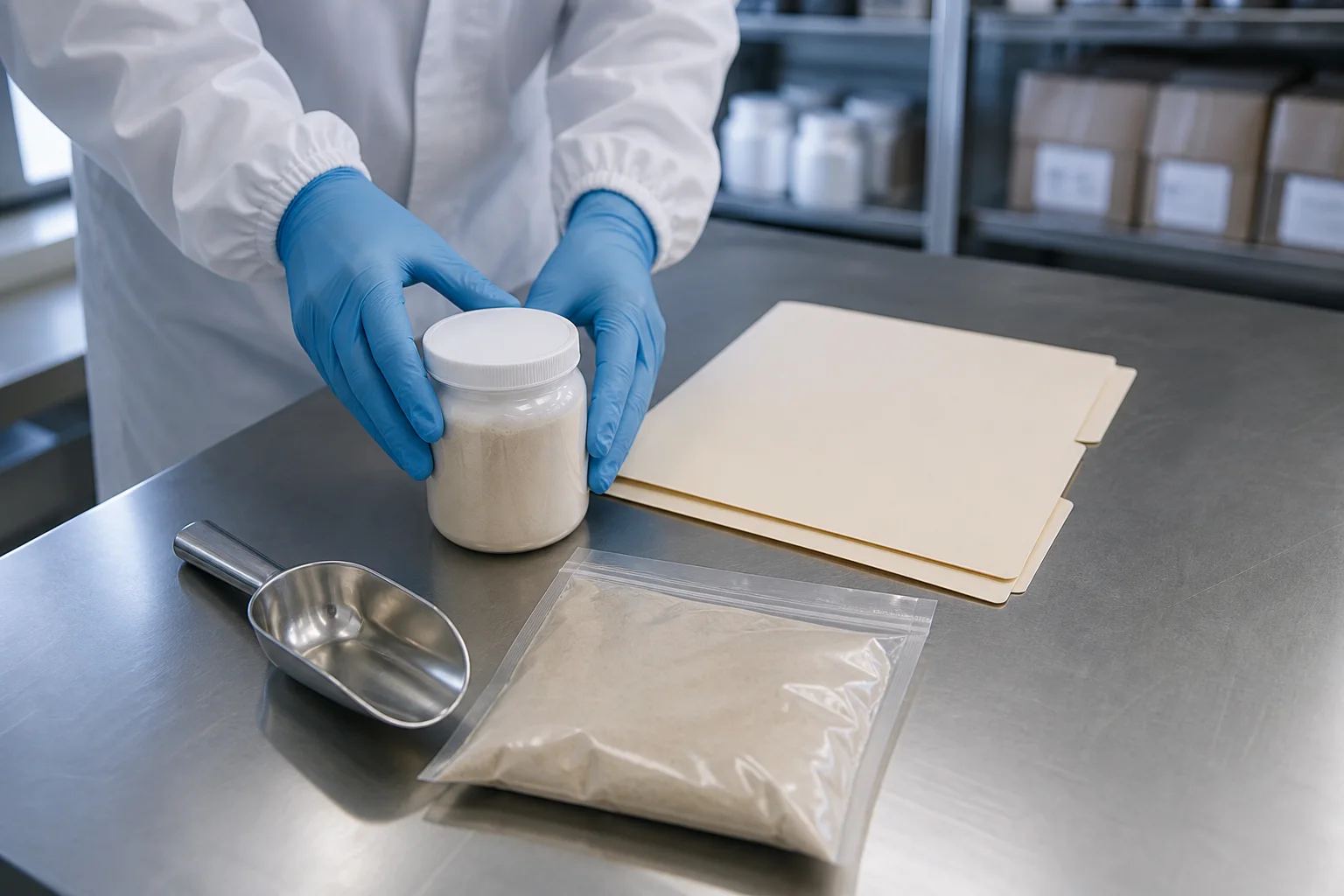 US supplement GMP record review with PS retain samples, sampling tools, blank batch documentation, and lot-release folders