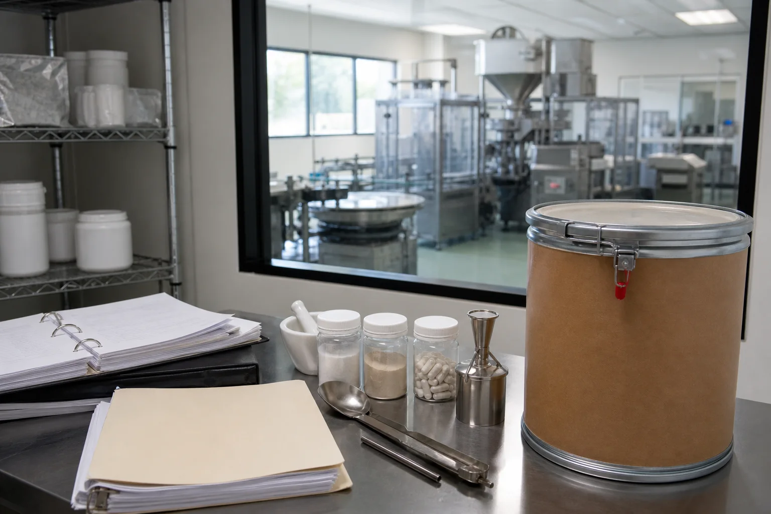 U.S. supplement quality review with a sealed PS drum, retain sample jars, blank batch-record folders, sampling tools, and a capsule production room in realistic daylight