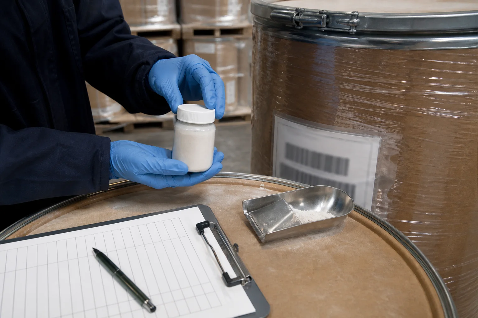 Bulk PS warehouse sample being identified and sealed beside a drum label, barcode scan, and quarantine record