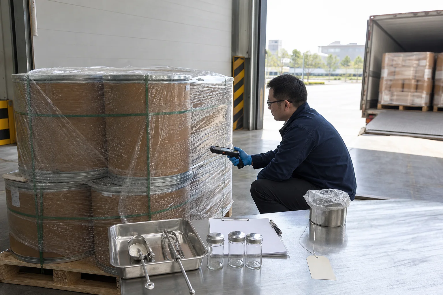 U.S. warehouse receiving inspection with a pallet of sealed PS drums, clean sampling tools, barcode scanner, quarantine tag, retain jars, and a quality specialist under bright industrial daylight