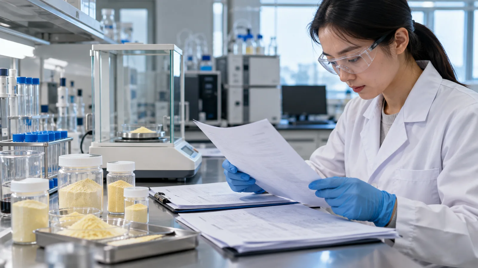 Analyst in a lab coat reviewing allergen and purity test reports beside sealed sample containers
