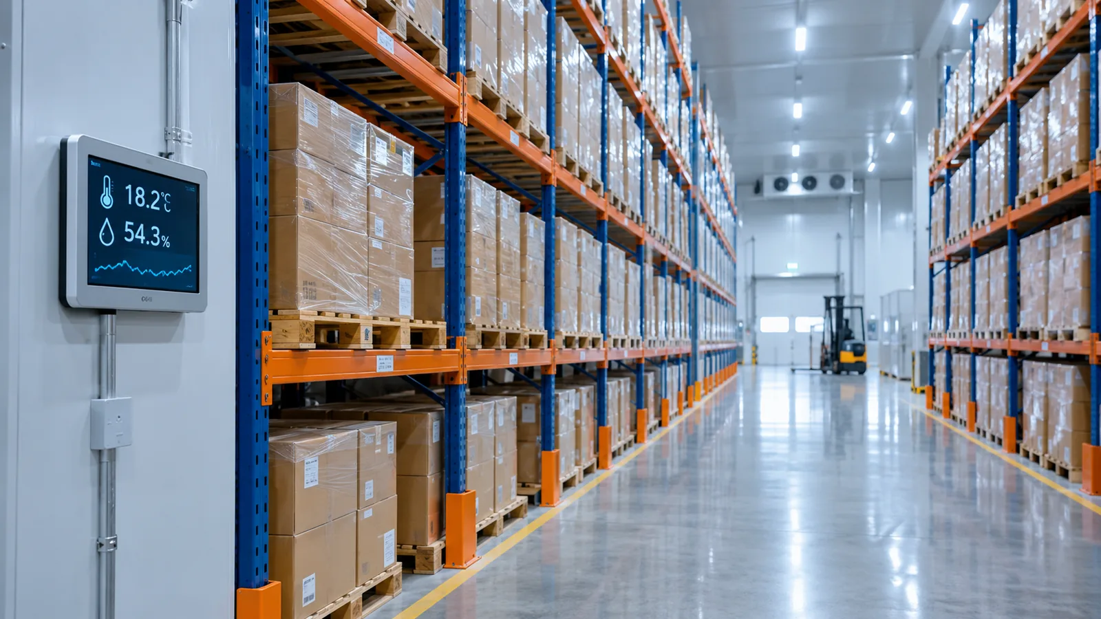 Temperature-controlled warehouse aisle with palletized ingredient cartons and monitoring equipment