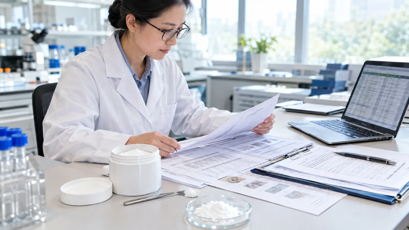 QA manager reviewing phosphatidylserine import documentation beside a sample container in a laboratory