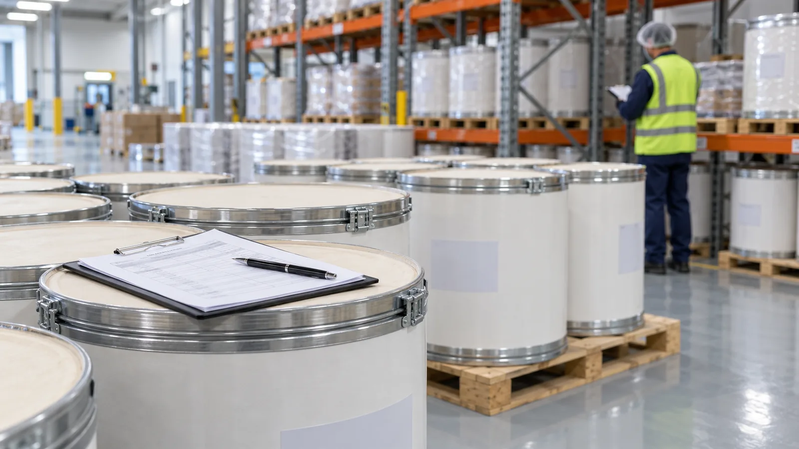 Sealed drums of phosphatidylserine powder in a warehouse with quality documents and batch records on a clipboard