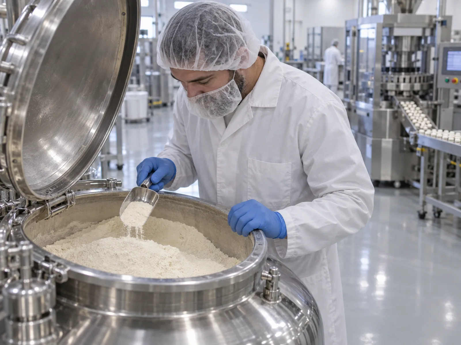 Technician inspecting PS powder in a blending vessel