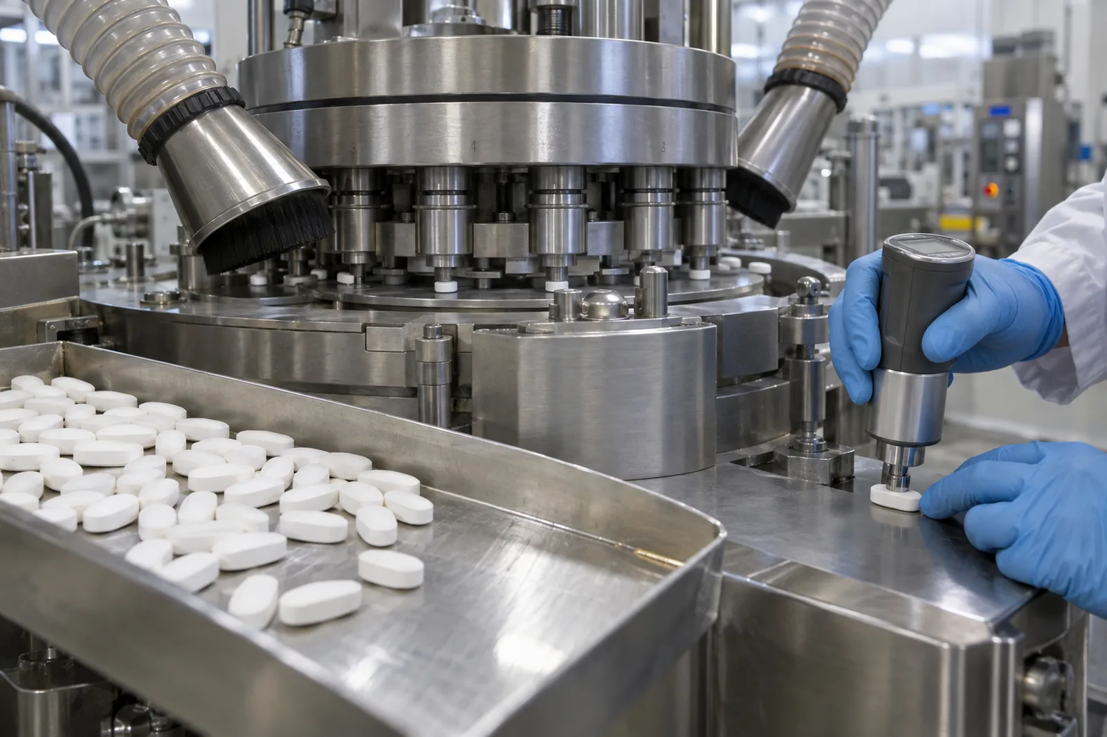 Tablet press with finished tablets on a stainless tray