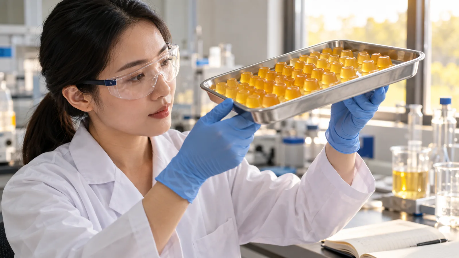 Formulation scientist examining a tray of pilot-batch gummies in a development laboratory