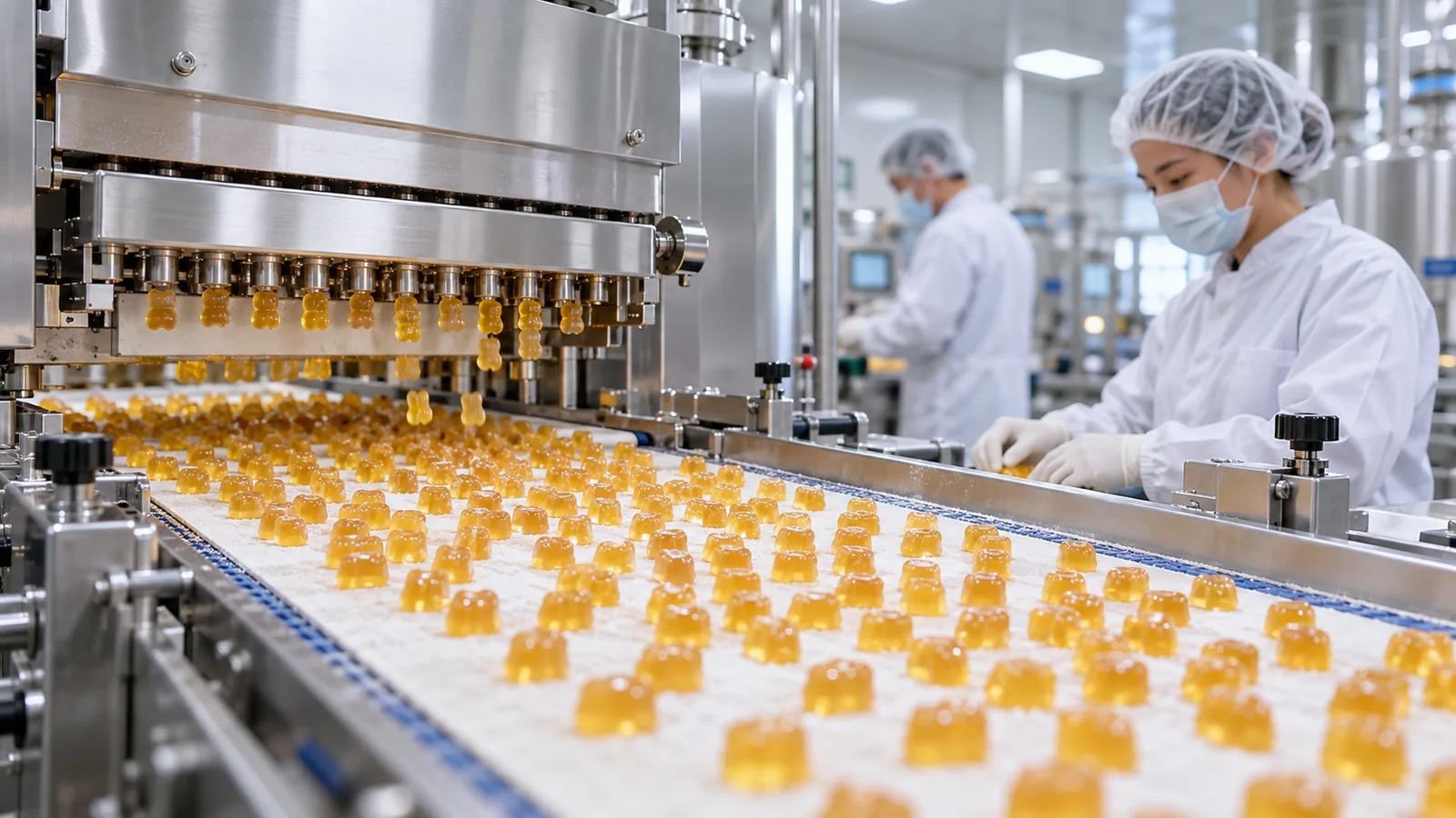 Golden gummies moving along a stainless steel production line in a modern supplement manufacturing facility