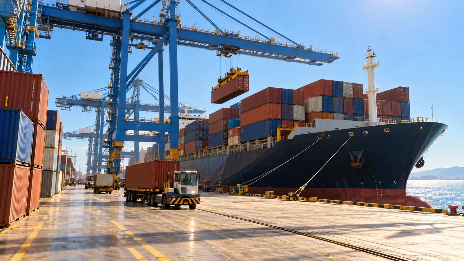 Export containers being loaded onto a vessel at a port terminal in summer heat