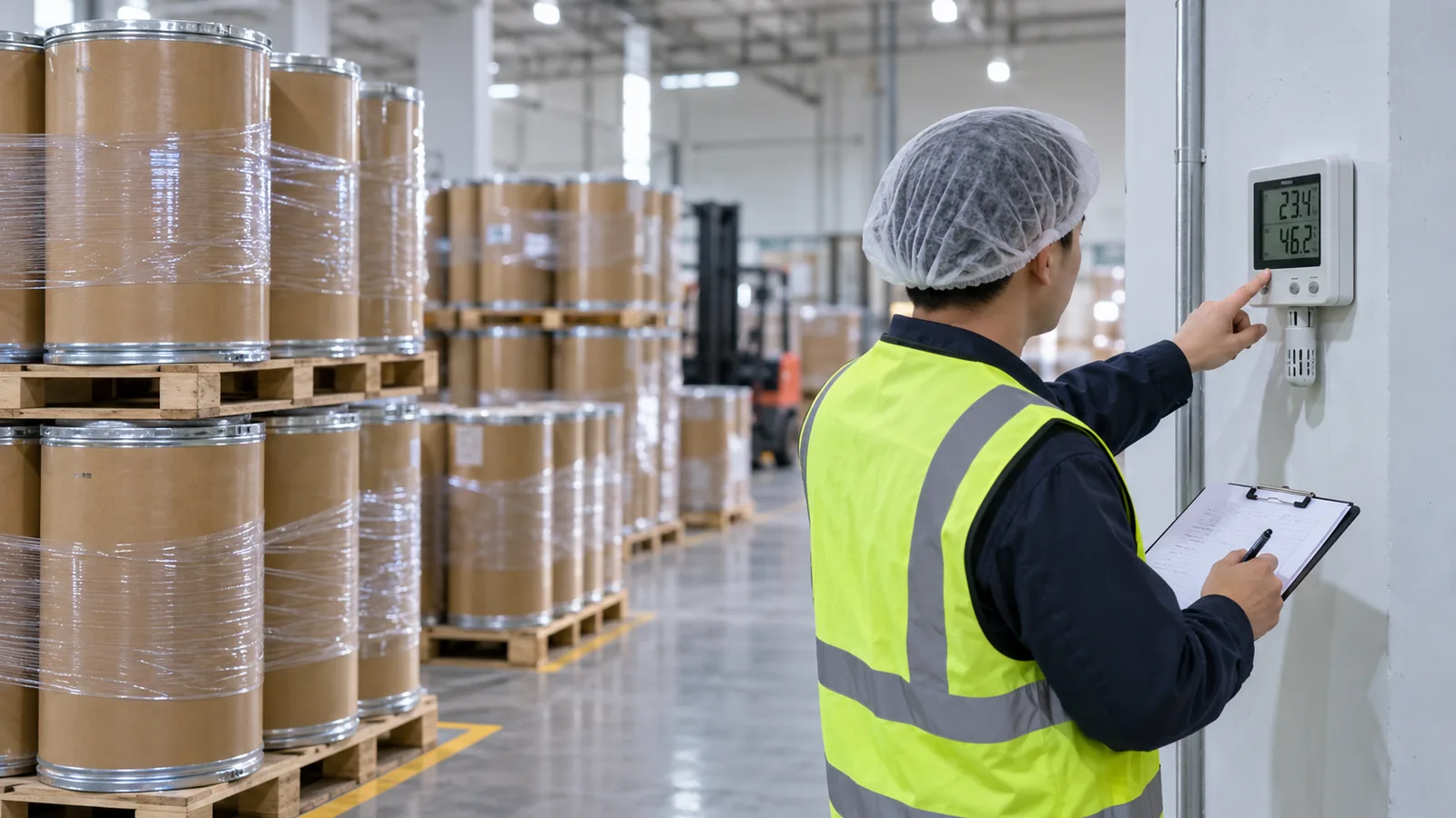 Warehouse worker checking a temperature and humidity gauge in an ingredient storage warehouse