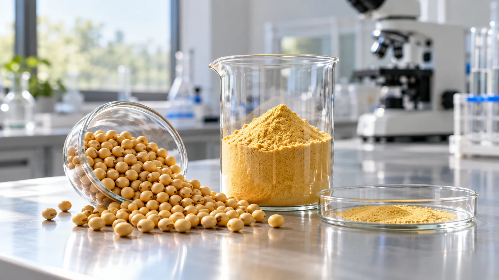 Soybeans and golden phospholipid powder in laboratory glassware on a clean lab bench