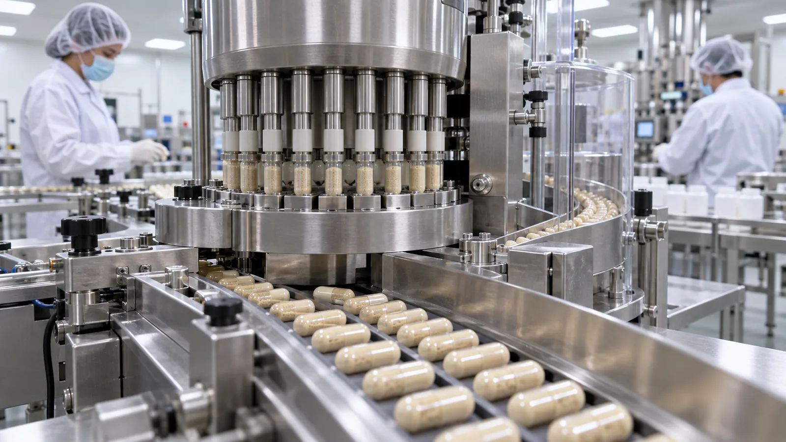 Automatic capsule filling machine running a phospholipid powder blend on a supplement production line