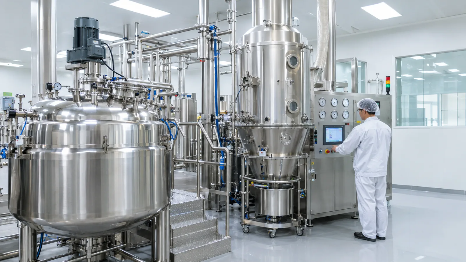 Pilot-scale mixing vessel and coating equipment used for microencapsulated phosphatidylserine powder production in a manufacturing facility