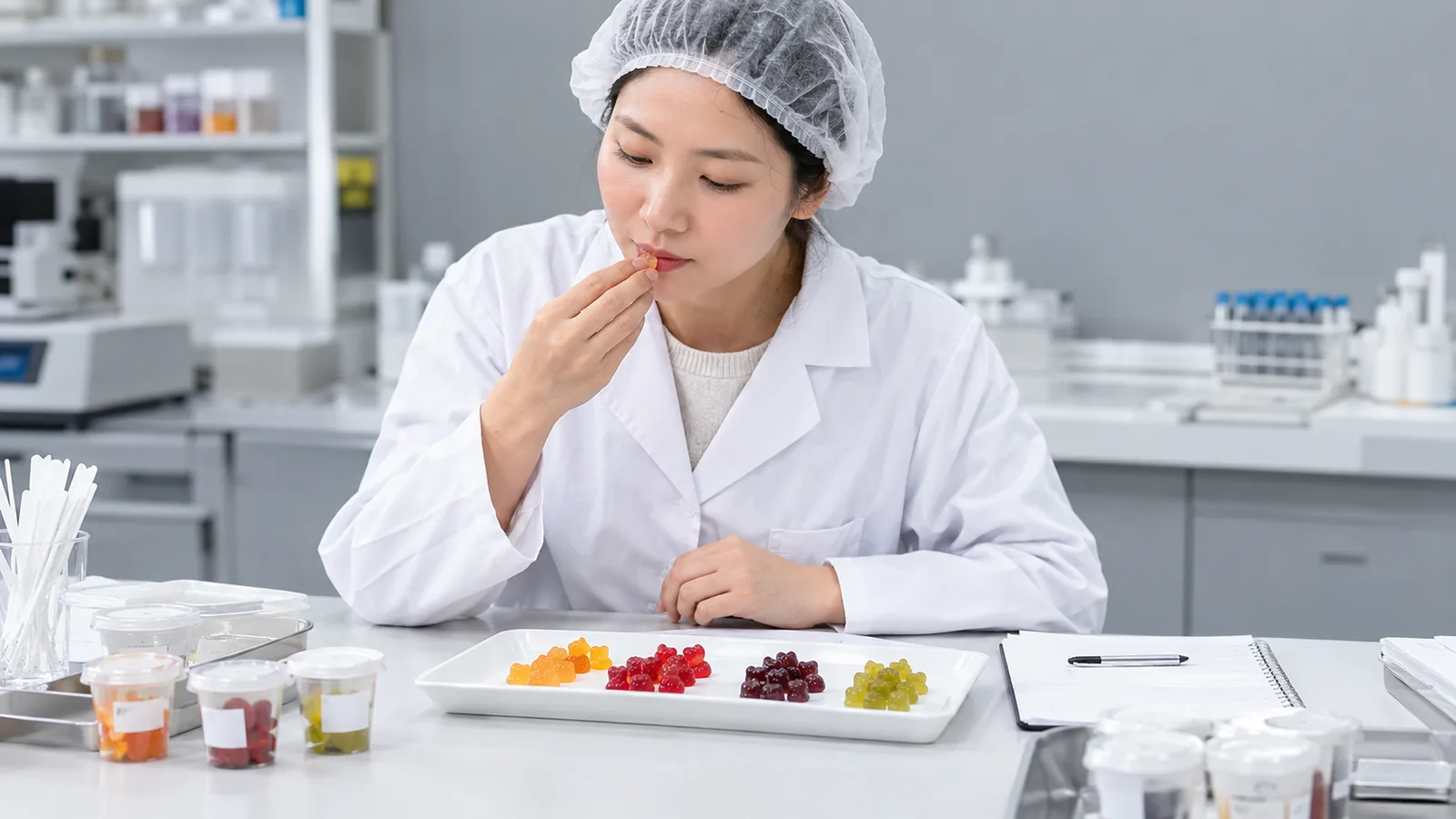 Formulation scientist tasting and evaluating phosphatidylserine gummy samples at a sensory evaluation table in a laboratory