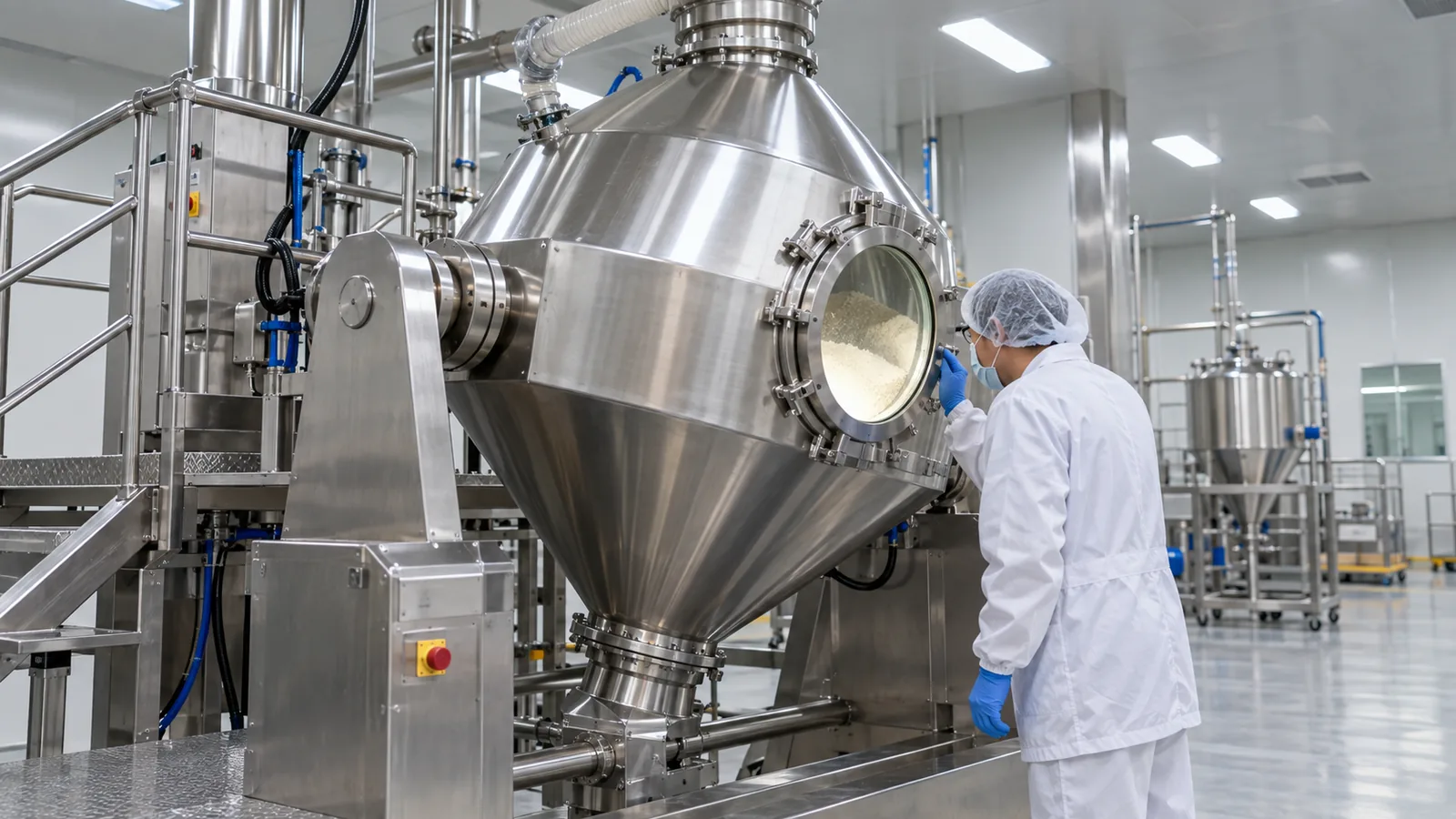 Large stainless steel powder blending vessel inside a contract manufacturing facility