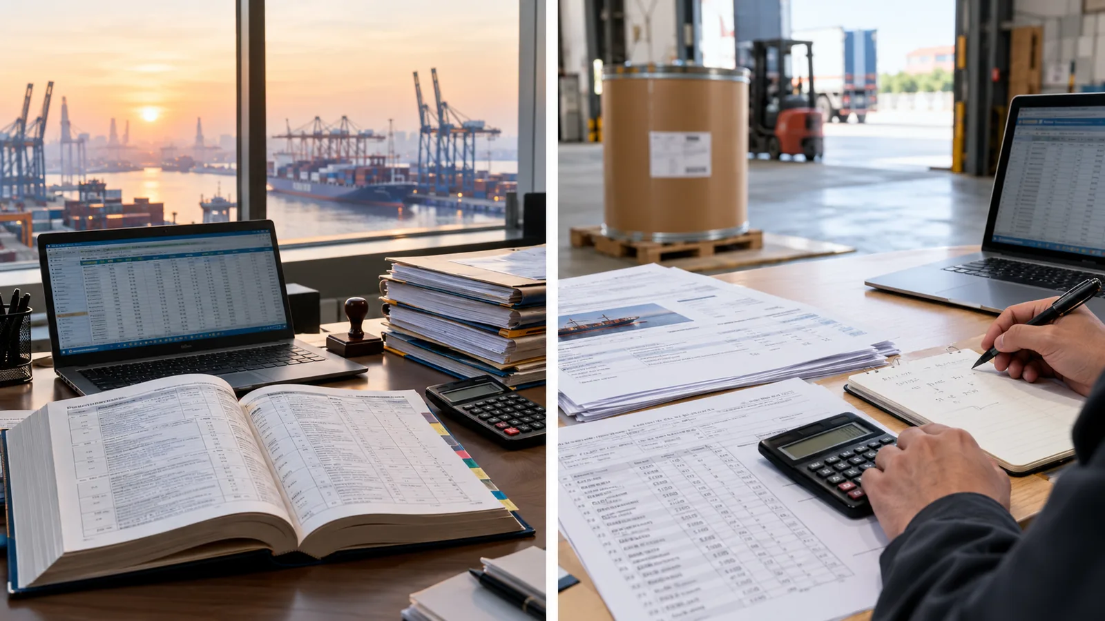 Buyer working through a landed cost spreadsheet with drum shipment invoices and tariff printouts on a warehouse office desk