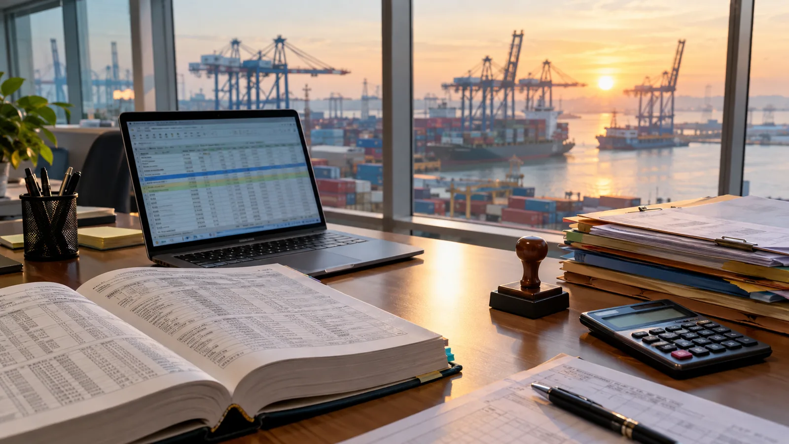 Customs brokerage office with tariff schedule books and bulk ingredient shipment files being reviewed next to a laptop
