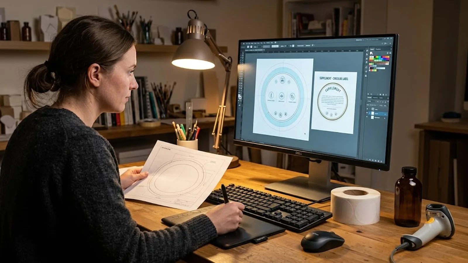 Designer laying out supplement label panels on screen while a printed dieline template sits beside the keyboard