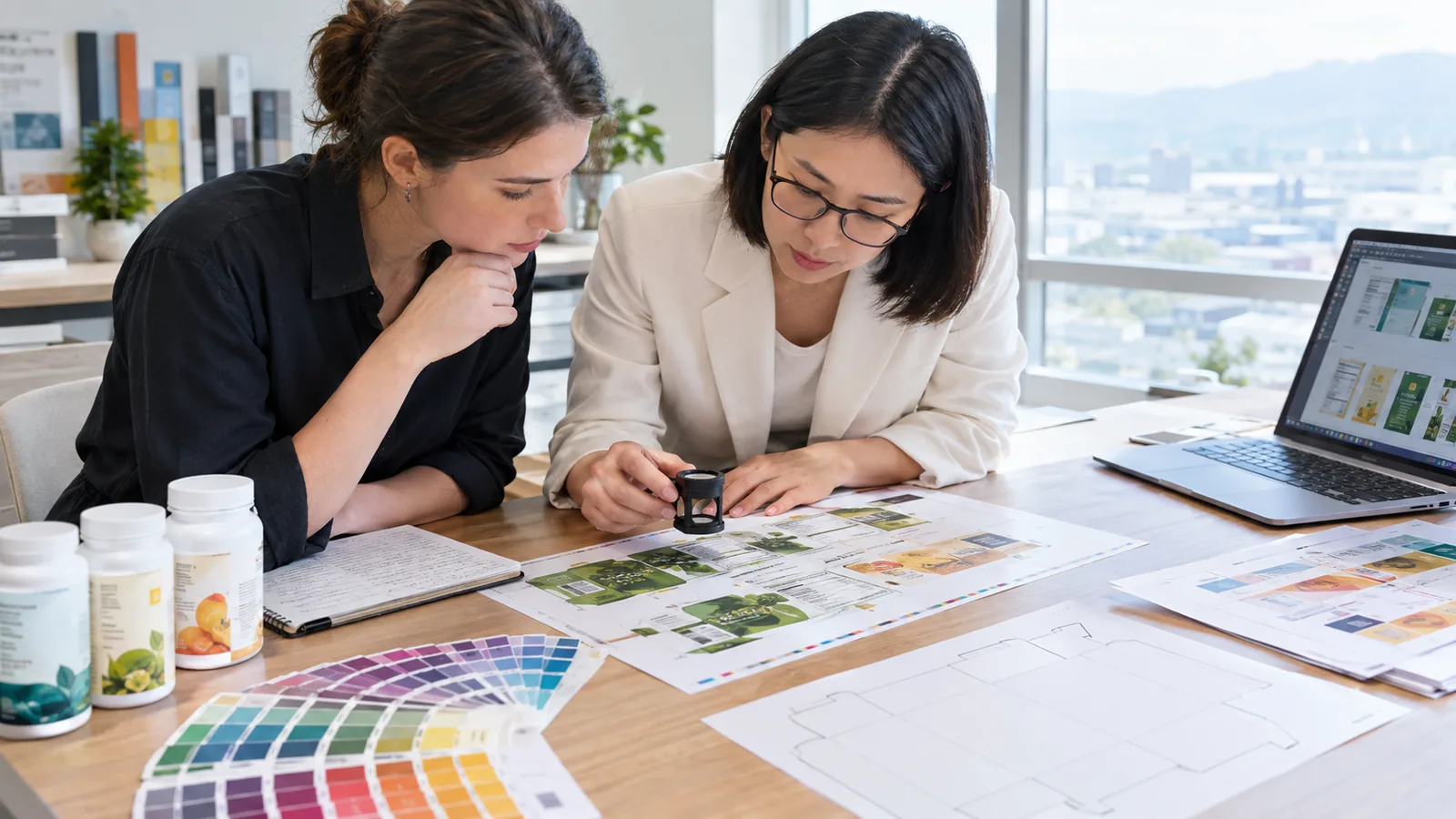 Brand manager and regulatory specialist reviewing printed supplement label proofs together at a meeting table with magnifier