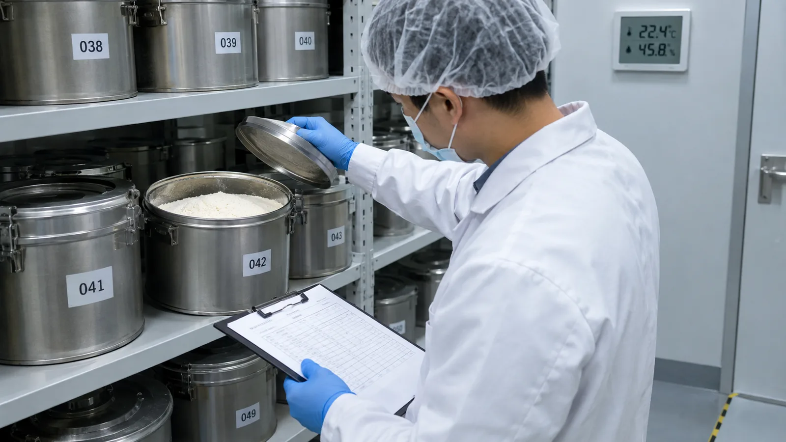 Technician opening a sealed retention sample drum of phosphatidylserine powder in a controlled storage room