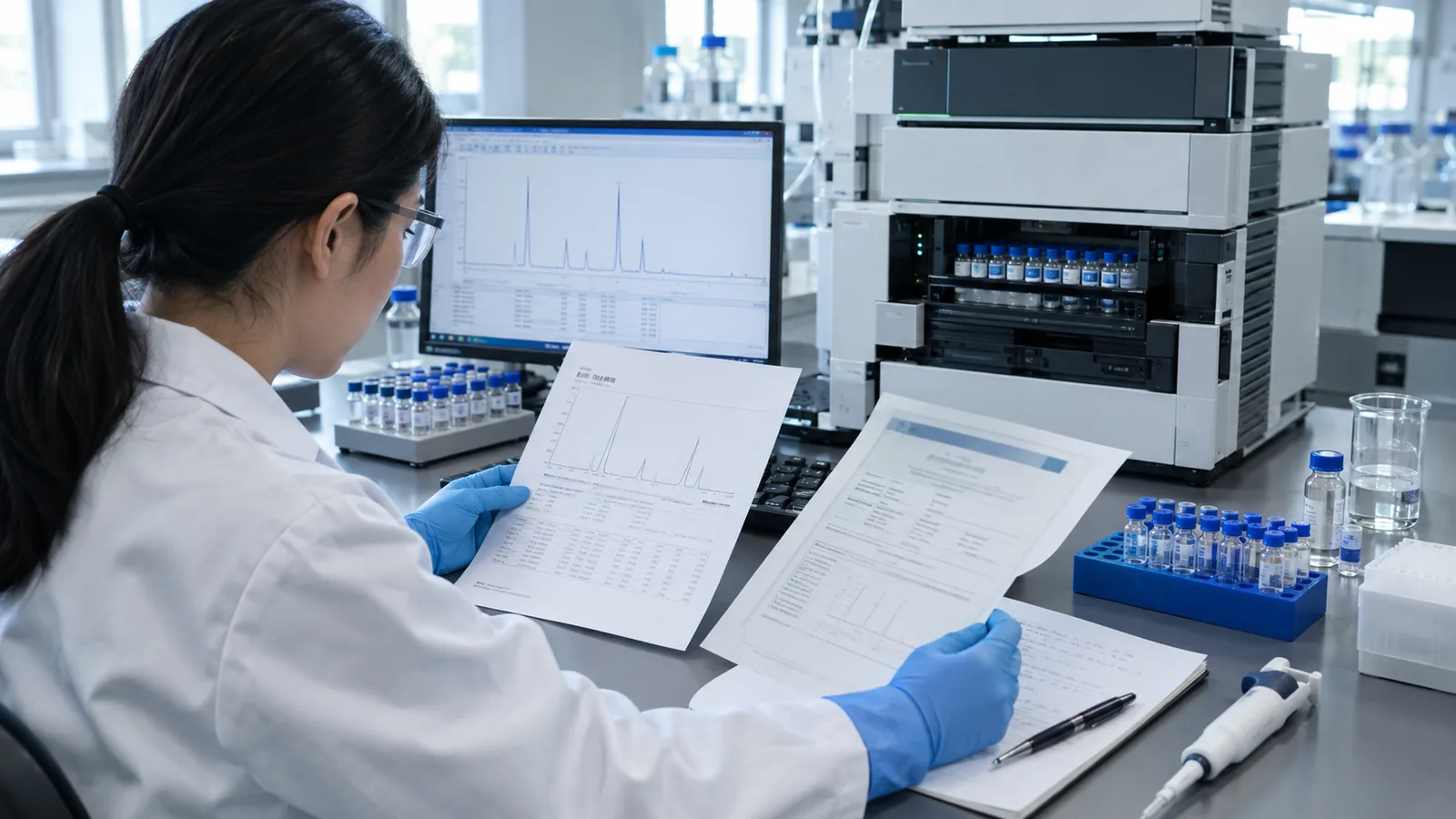 Quality control chemist reviewing chromatography printouts and a supplier COA side by side at a laboratory bench