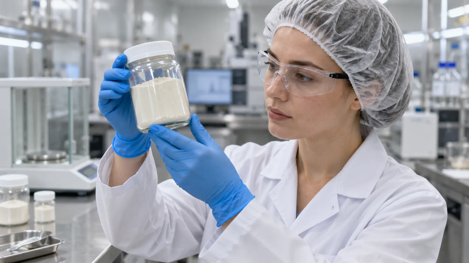 Quality control analyst examining a phosphatidylserine powder sample in a laboratory