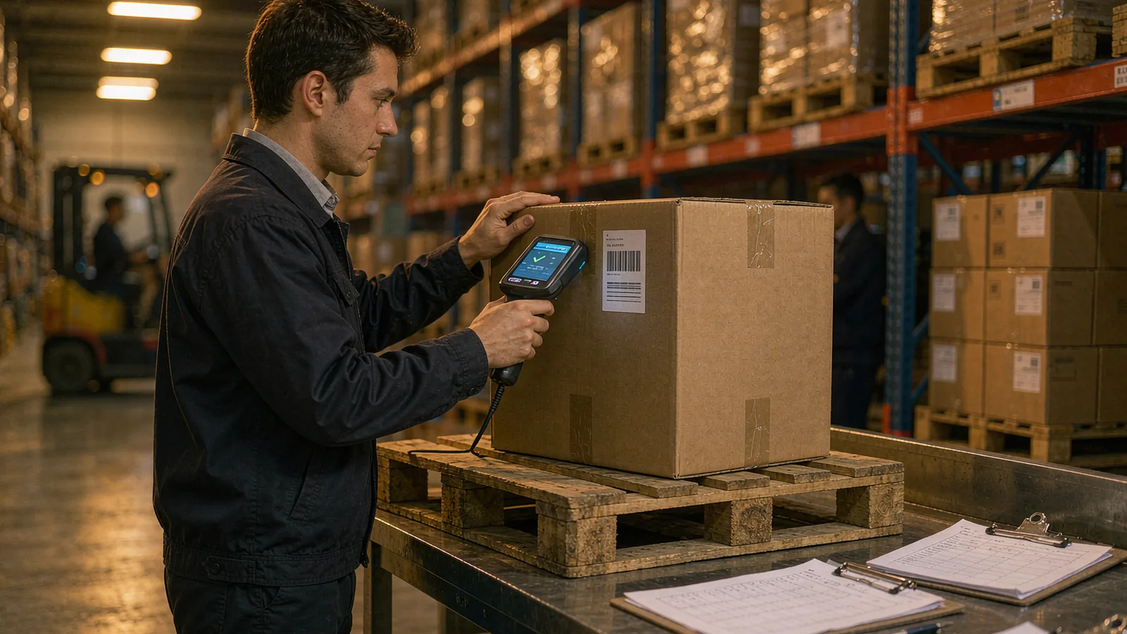 Warehouse quality manager scanning a phosphatidylserine carton barcode for lot traceability during an inventory check