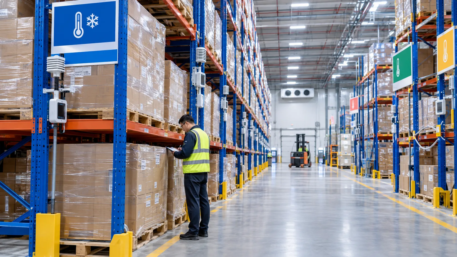 Modern temperature-controlled distribution warehouse with racked pallets and environmental monitoring displays
