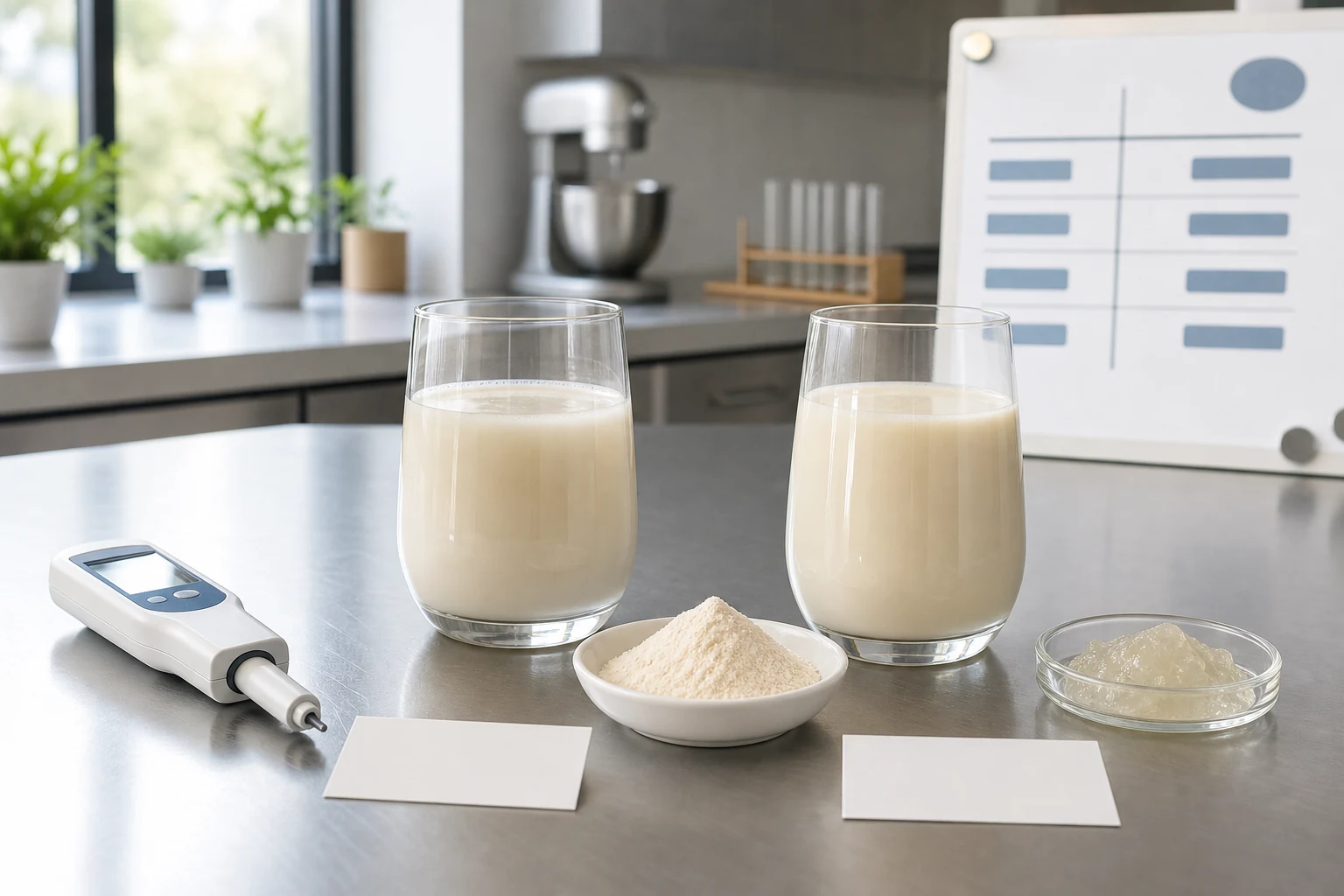 Split-screen acidified protein beverage comparison with two unlabeled beverage prototypes, a central soluble soybean polysaccharide sample, a separate pectin dish, a pH meter, and a buyer decision board in a bright pilot kitchen