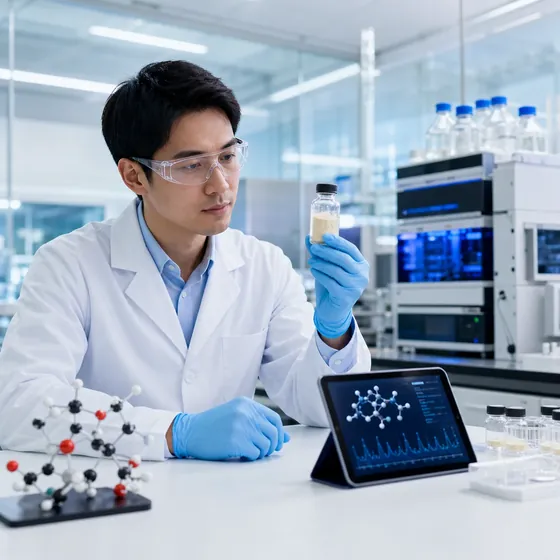 Laboratory scientist reviewing a phosphatidylserine powder sample beside analytical equipment